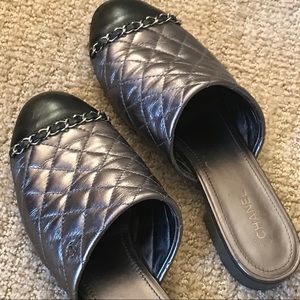 CHANEL GREY METALLIC MULES